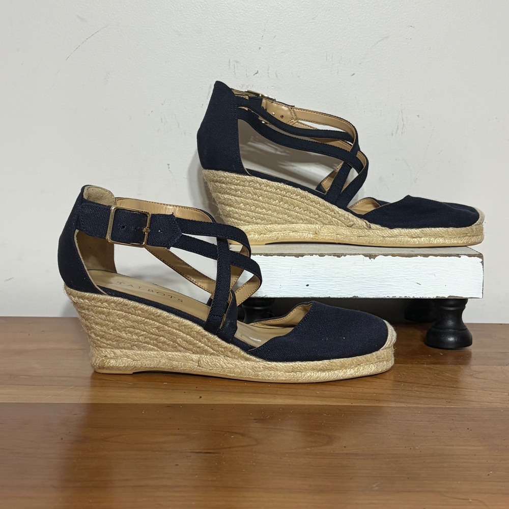 Talbots Navy Blue Canvas Espadrille Wedges Strappy Ankle Buckle Sandals 6.5M